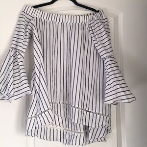 Navy & white off-shoulder bell sleeve shirt